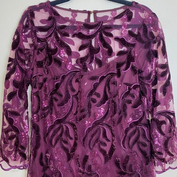 Donna Ricco Dress Sheath Velvet Embroidered Sequin Mesh Wine Size 8 Bordeaux - Picture 3 of 9